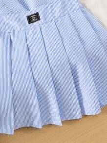 SHEIN Genkimix Kids 女童蓝色条纹长袖时尚秋冬衬衫搭配装饰松紧腰裙套装秋季