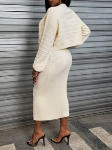INAWLY Women's Solid Color Minimalist Casual Camisole Dress, Long Sleeve Cardigan, Sweater Set - Apricot - View 2