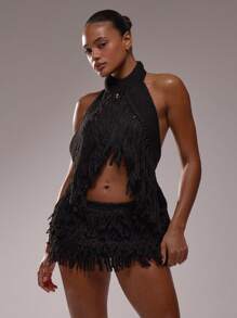 MUSERA 流苏针织上衣，夏季伊比沙岛风情，假日度假性感节日狂欢圣诞派对时尚单品 - 黑色 - 查看 5