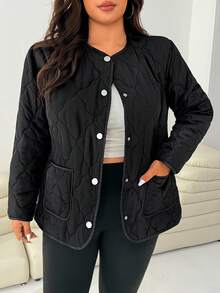 Solflare Plus Size Women Casual Diamond Pattern Warm Single-Breasted Thick Winter Jacket Plus Size Quilted Jacket Black Quilted Jacket Fall Autumn - Black - View 6