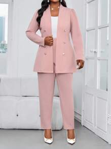 SHEIN Lady 秋冬优雅通勤办公粉色针织立领金色纽扣长袖加大码套装加大码仿皮草外套 - 藕粉色 - 查看 6