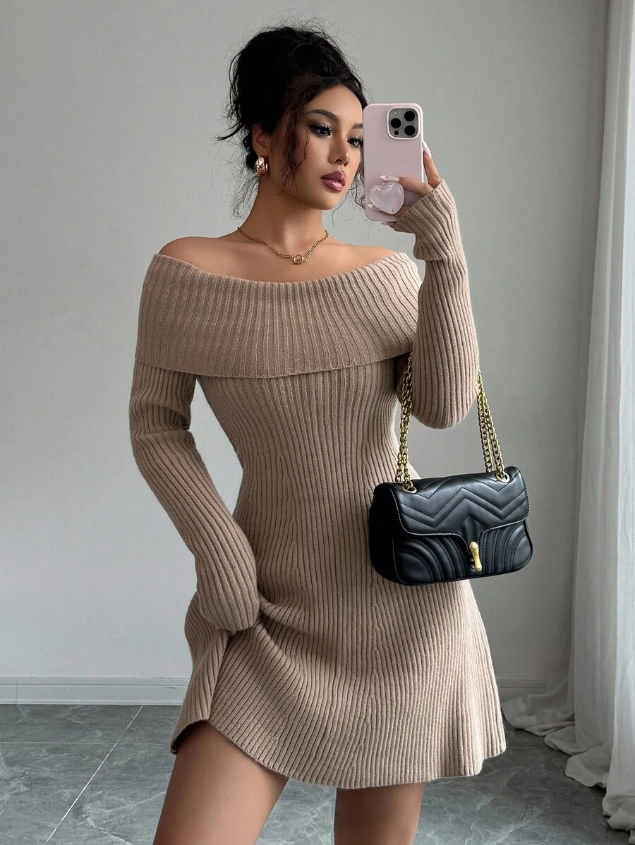 Elenzga Sexy Off-Shoulder Strickkleid mit Langarm, zierliches, elegantes A-Linien Bodycon-Kleid, das das Alter reduziert, für Herbst/Winter - Khaki - Übersicht 1
