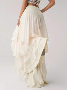 SHEIN ICON Asymmetrical Chiffon Ruffle Patchwork Loose Women Ruffle Hem Pants Beige Pants - Beige - View 2