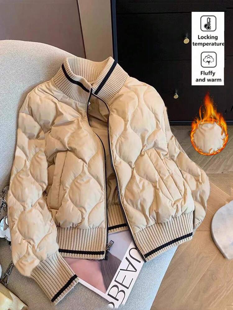 Franclia European And American Fashion Contrast Color Woolen Striped Stitching Knitted Gourd Check Cotton Coat Autumn And Winter Clothes For Women Pockets Women's Winter Clothes For Going Out Women's Winter Jacket Women's Halloween Costume New Year Costume - Khaki - View 1