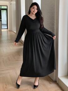 Dazy Plus Đầm maxi dài tay ôm sát, cổ xếp ly, màu trơn, co giãn, dành cho nữ, mùa thu/đông. - màu đen - Xem 3