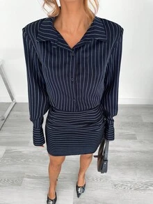 Siren Gaze 2025年秋季女装新款商务休闲女士海军蓝条纹纽扣长袖衬衫裙，适合工作/办公室，优雅复古风格秋季女士办公室服装，日常通勤休闲迷你裙，秋季必备时尚单品 - 藍白色 - 查看 3