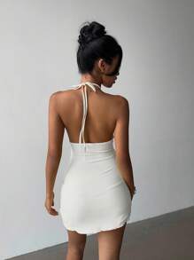 Aloruh 全新性感深 V 领甜美蕾丝拼布露背系带俱乐部装迷你紧身连衣裙 - 白色 - 查看 2