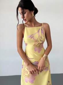 Firerie 女士纯色休闲细肩带露背花卉印花宽松夏威夷度假太阳裙，黄色黄油黄色女士夏季连衣裙 - 黃色 - 查看 8