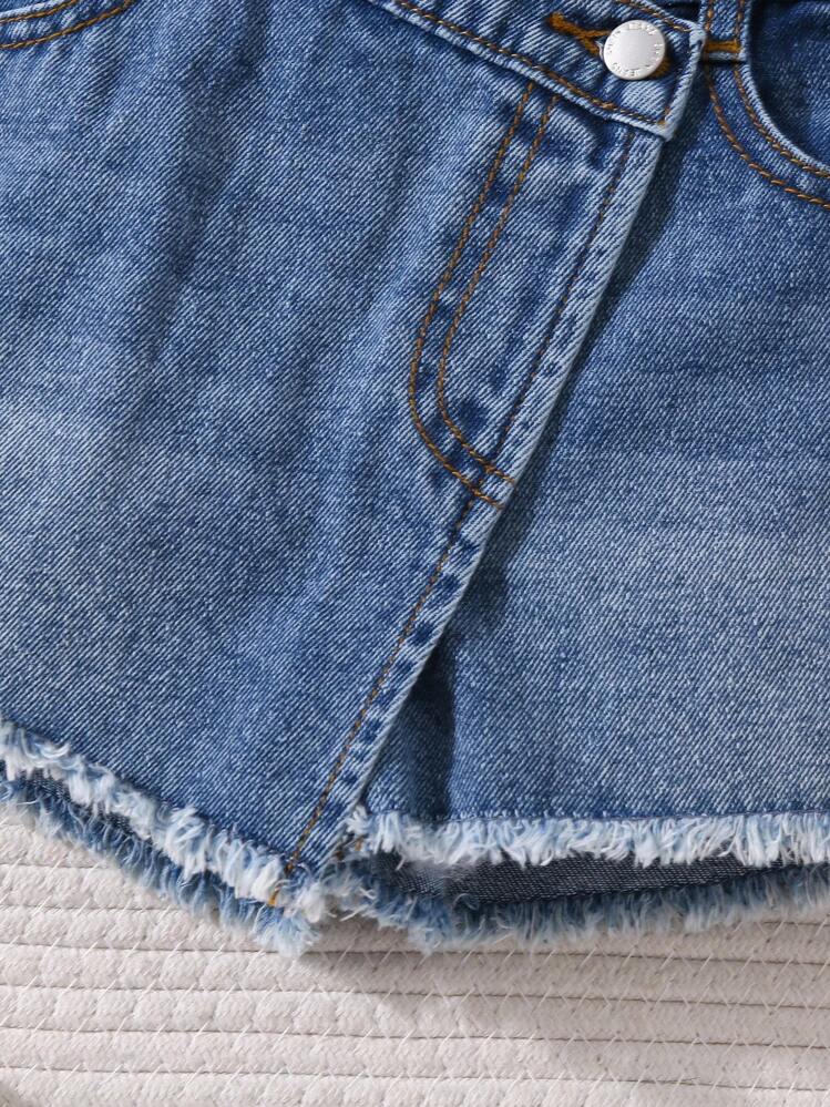 SHEIN Jonge meisjes Y2K blauwe herfst Boho schattige jeans skort, waterwasbaar casual modieus comfortabel zacht, kawaii, strand voor meisjes, afstuderen, herfst kinder casual en comfortabele kleding - Gebleekt - Bekijken 4