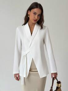 Aloruh 女士休闲商务通勤简约纯色长袖西装外套（秋冬） - 白色 - 查看 1