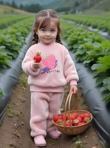 SHEIN 2-Pack Baby Girl Fashion Cute Strawberry Pattern Embroidered Long-Sleeved Top And Pants Set Suitable For Autumn And Winter Daily Wear Fall - Pink - View 7