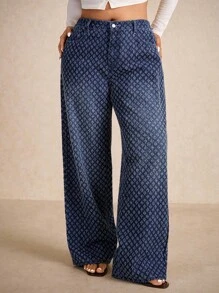 Elaquor Plus Size Oversized Blue Jeans High Waist Straight Jacquard Jeans Comfortable Elastic Waistband French Old Money Style Fall Women Clothes Wide Leg Pants - Dark Wash - View 3