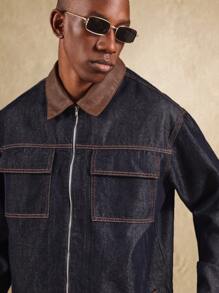 SUMWON Rohe Denim Trucker Jacke mit kontrastierendem braunem Lederkragen, Utility Workwear Stil mit Fronttaschen, klassische amerikanische Arbeiterkleidung für Herbst und Winter - Verschiedenfarbig - Übersicht 4