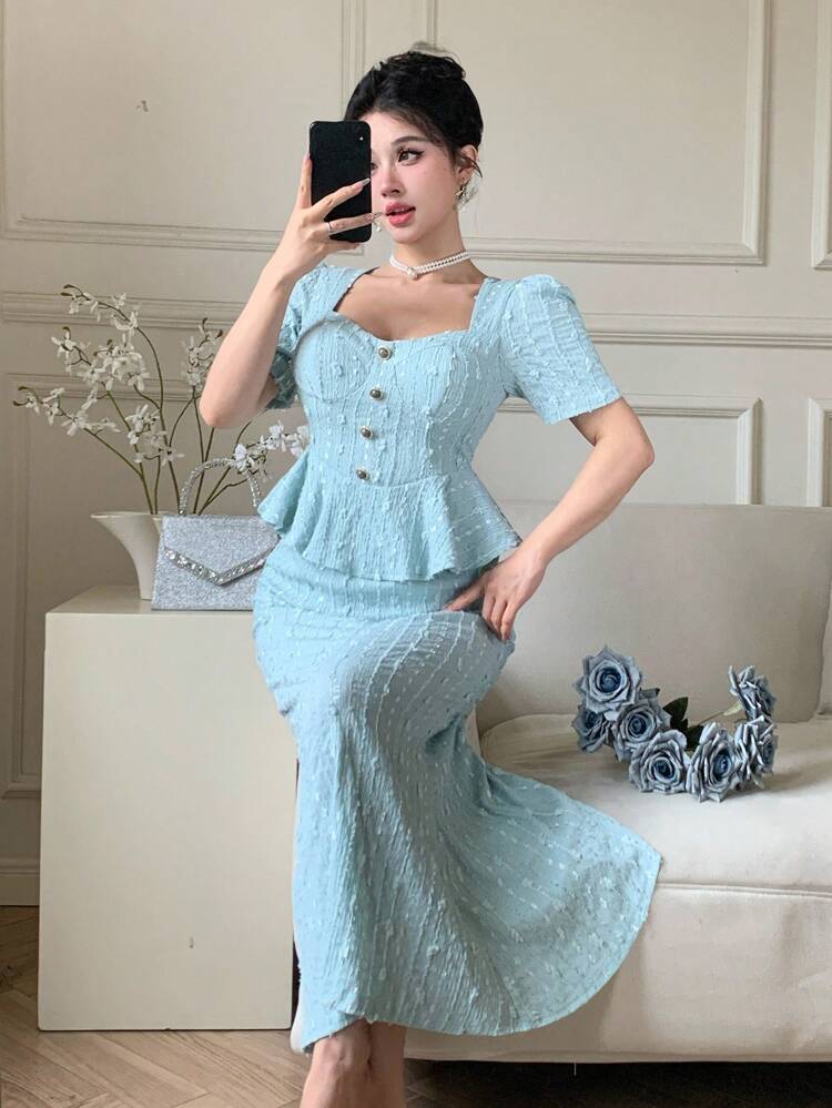Spring/Summer Textured Striped Fabric Elegant Casual Ruffle Patchwork Waist Sequin Wedding Party 2 In 1 Collared Mid-Length Dress For Women Maxi Dress