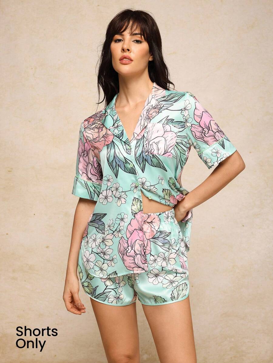 JIAN LASALA Women's Floral Satin Pajama Short Sleepwear With Short Sleeve Top And Mini Shorts Pjs Sleepwear For Women Pj For Women Short Sleeve Floral Pajama Set Women Summer Pajama Set Summer Pj Floral Pj