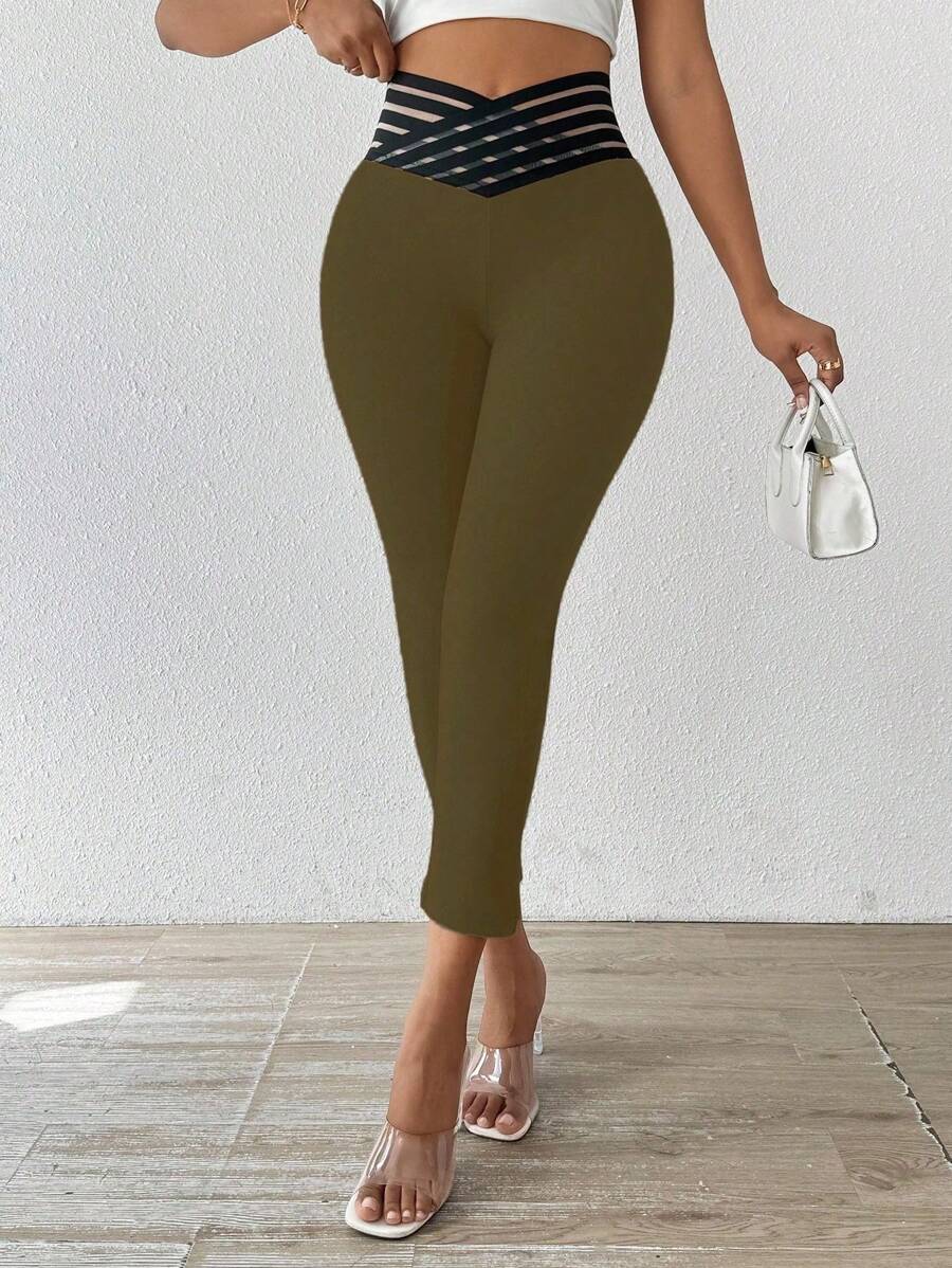 SHEIN LUNE Women's V-Waist Slim Fit Casual Summer Leggings - Army Green - View 1