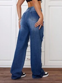 SHEIN ICON Quần jeans ống đứng rách cá tính cỡ lớn dành cho nữ, phong cách đường phố thời trang cho mùa hè - Rửa tối - Xem 3