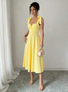 Selianne 无袖系带蝴蝶结装饰腰部A字型优雅浪漫女士连衣裙 - 奶油色 - 查看 4