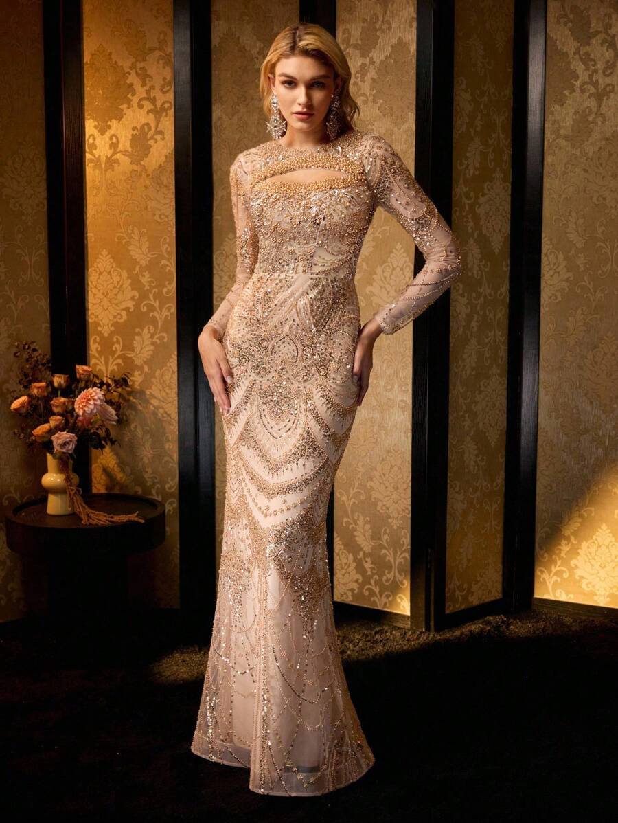 MOTF Soiréza 人造珍珠领口和镂空细节串珠美人鱼下摆晚礼服 - 香檳色 - 查看 1