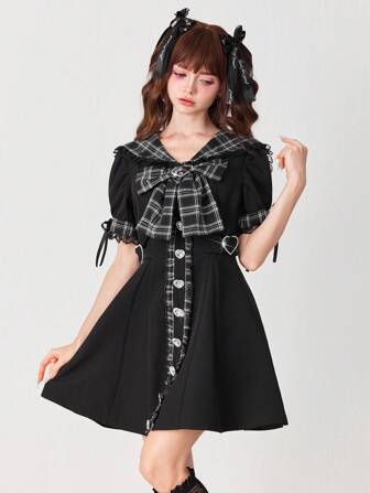 J-Fashion Women's Cute Princess College Style Patterned Splice Contrast Color Delicate Bow Collar Lace Splice Mini Dress