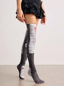 ROMWE Grunge Punk 1 Cặp tất cao đến đầu gối in họa tiết chữ thập và xích phong cách Punk, tất cosplay Anime dành cho nữ - Đen và trắng - Xem 4