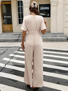 女式纯色简约V领短袖连体裤，日常穿着 - 杏色 - 查看 2