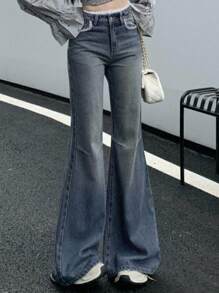 DAZY Women's Flare Jeans With Lace Splice - Medium Wash - View 3