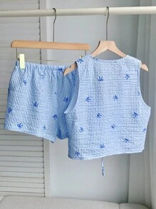 Comfortcana Conjunto de camiseta de tirantes y pantalones cortos a rayas con lazo para mujer - Celeste - Ver 2