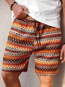 Manfinity RSRT 男士休闲日常穿着，完美适合海边度假，采用INS风格波西米亚橙色多色几何横条纹钩编针织提花纹理休闲度假短裤，男士沙滩度假短裤 - 彩色 - 查看 3