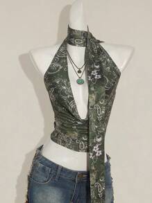 SHEIN ICON Y2k V 领西部女式波西米亚海滩女式嬉皮夏季外出复古佩斯利印花女式全身花卉印花垂坠性感吊带背心，夏季度假休闲 - 綠色 - 查看 1