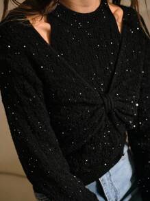 MOTF PREMIUM Conjunto de top de punto sin mangas con escote halter con lentejuelas y suéter corto de manga larga con twist - Negro - Ver 3