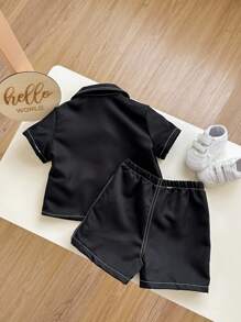 2 件套男婴/女婴休闲校园时尚超大上衣/衬衫搭配松紧腰短裤套装，适合春夏季室内外穿着 - 黑色 - 查看 2