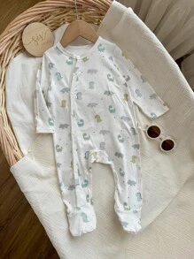 儿童新生儿男孩卡通恐龙印花圆领长袖前开扣柔软舒适连脚连体衣 - 米色 - 查看 5