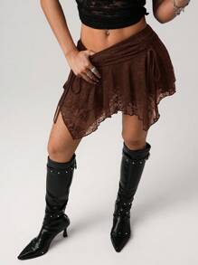 SHEIN ICON 性感低腰褶饰腰带蕾丝不对称下摆半身裙 - 棕色 - 查看 6