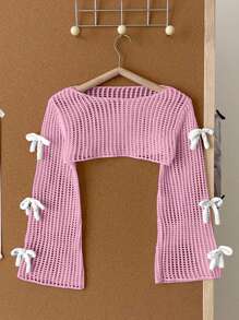 SHEIN 女童米色套头毛衣，可爱休闲时尚3D粉色蝴蝶结针织开衫 - 粉色 - 查看 3