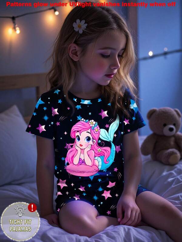Young Girls Pajamas 2pcs/Set Black Glow-In-The-Dark Mermaid Princess & Stars Print Snug Fit Short Sleeve Shorts Sleepwear