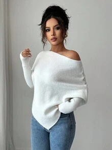 Elenzga 女式不对称蝙蝠袖圆领休闲优雅针织毛衣上衣，适合春秋冬季度假和节日穿着 - 杏色 - 查看 8