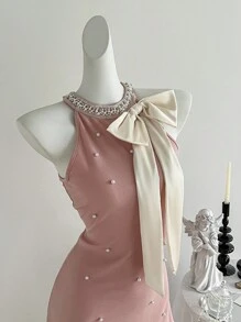 SHEIN MOD Vestido mini rosa para mujer con lazo beige y decoración de perlas, vestido corto de invierno, vestido formal, vestido de fiesta, vestido de Año Nuevo