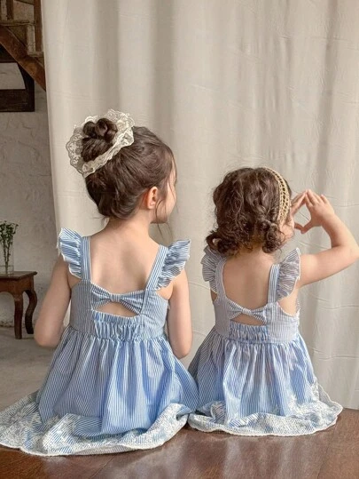 LMoss Kids 女婴梭织刺绣图案方领荷叶边修身连衣裙 女童夏季连衣裙 女童春季连衣裙 女童夏季服装 女童春季服装 姐妹装 蝴蝶结春季连衣裙 女婴连衣裙 公主裙 优雅连衣裙