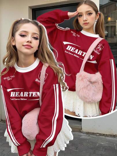 SHEIN Leap Crew Retro Striped, Vintage American City Letter Graphic, Angra Vintage Red, Tween Girl Casual Loose Fit Crew Neck Comfortable Long Sleeve Sweatshirt, Suitable For Autumn/Winter, Back To School, 2000s Style, Y2K Clothes, Korean Style, Autumn/Fall Clothes, Homecoming, Winter Clothes, Grunge Teen Girl Sweatshirts Red Sweater For Teen Girl Teen Sweat Tops Long Sleeves Cute Teen Sweater Teen Streetwear Sweatshirts