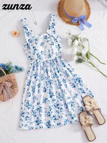 少女端庄优雅花卉印花针织无袖吊带背心裙，宽肩带，夏季舒适凉爽，新品，合身中长裙，适合学校，四季皆宜 - 藍色 - 查看 8