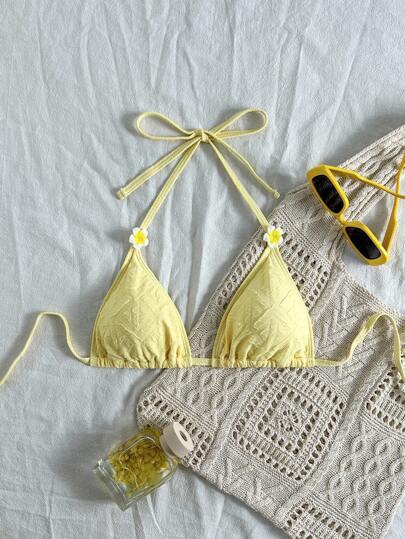 Swim Mod Women's Yellow Special Fabric Shoulder Strap Backless 3D Floral Bikini Top, Suitable For Beach Party And Vacation For Summer