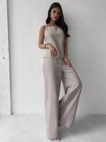 Firerie 春夏新款优雅简约杏色亚麻无袖收腰修身上衣和高腰长裤两件套，亚麻两件套，适合度假、通勤、海滩、机场等 - 杏色 - 查看 6