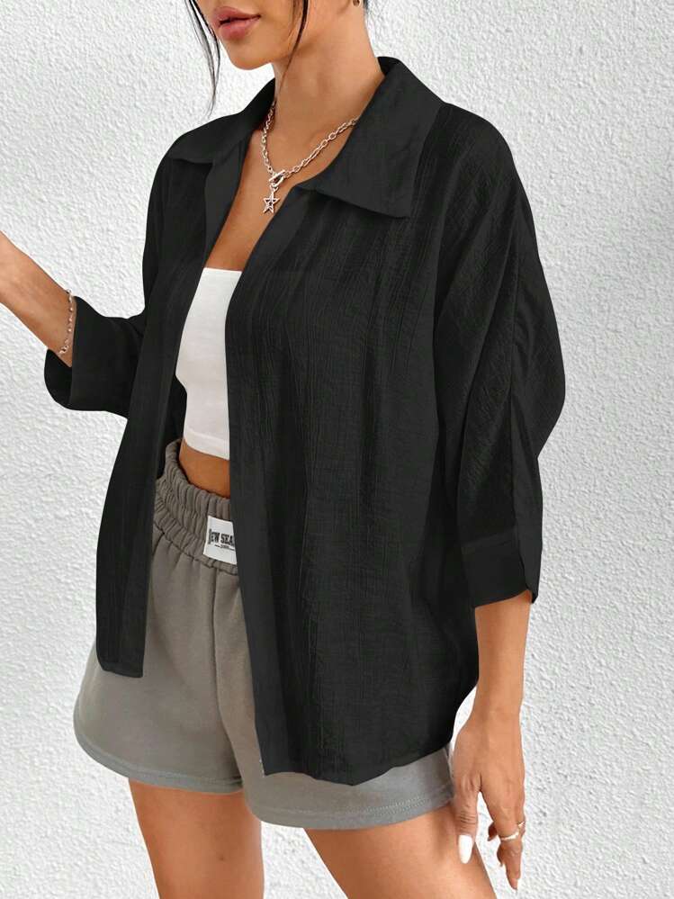 SHEIN PETITE Kemeja Wanita Polos Lengan 3/4 Bukaan Depan Kasual Longgar - Hitam - View 6
