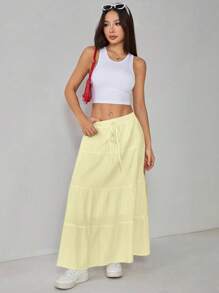 SHEIN PETITE 女士纯色高腰系带荷叶边下摆长裙 - 黃色 - 查看 4