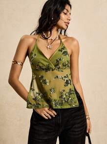 Easelle 1 件女式休闲复古假日风格串珠刺绣工字背心