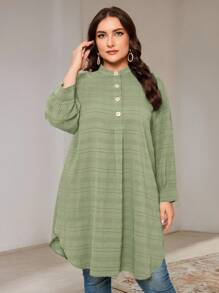 Veilorie Áo sơ mi vải họa tiết cổ tròn dài tay thường ngày cỡ lớn cho nữ, mùa hè - màu xanh lá - Xem 2