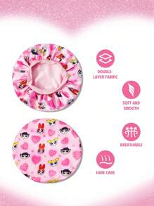 THE POWERPUFF GIRLS X SHEIN 双层升级护发帽，宽弹力缎面睡帽，柔软舒适，适合日常居家佩戴，粉色爱心和“花朵、泡泡和毛茛”图案 - 粉色 - 查看 4