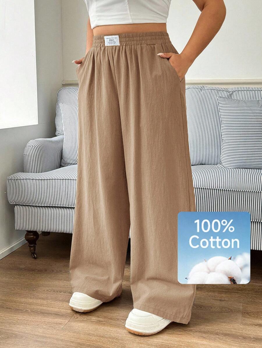 SHEIN EZwear 新款休闲卡其色百搭简约裤，加大码 - 卡其色 - 查看 1