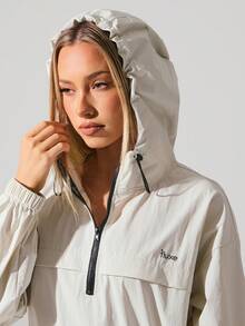 Menodora SHEIN Sport 女式长款抽绳连帽拉链夹克 - 杏色 - 查看 2